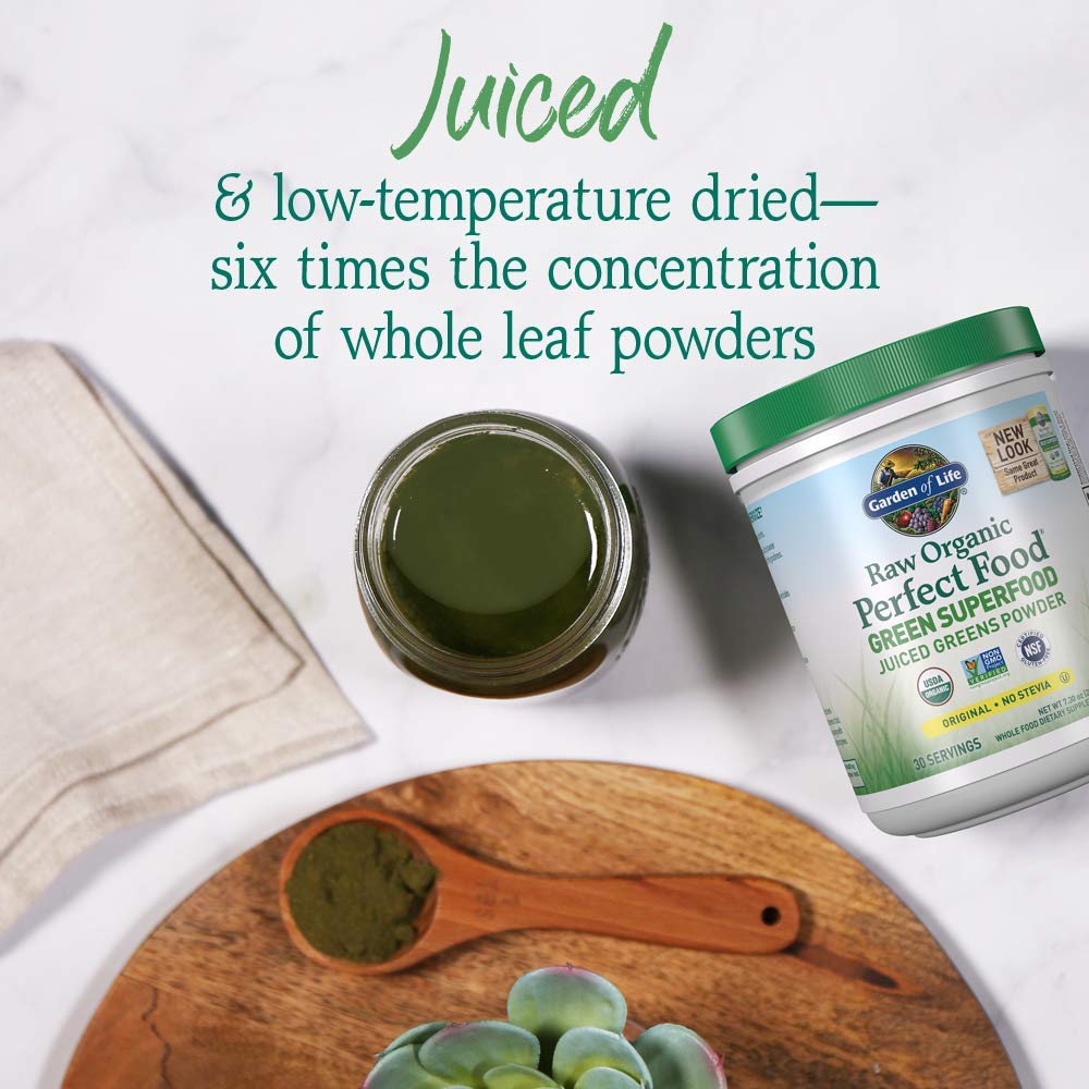 Garden of Life perfect food green superfood supplement being mixed into a fresh morning smoothie