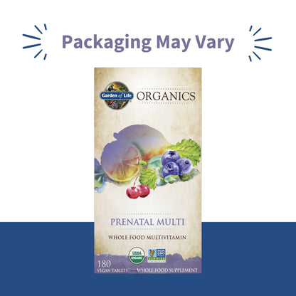 Garden of Life prenatal supplement label highlighting USDA Organic and non-GMO certification