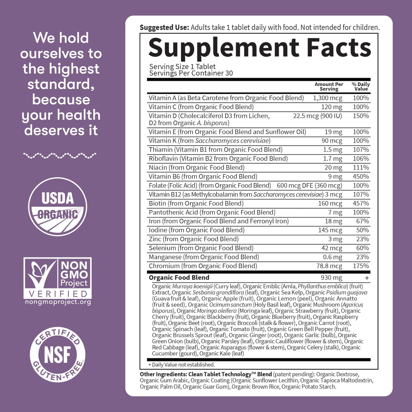 Garden of Life prenatal multivitamin nutritional facts panel