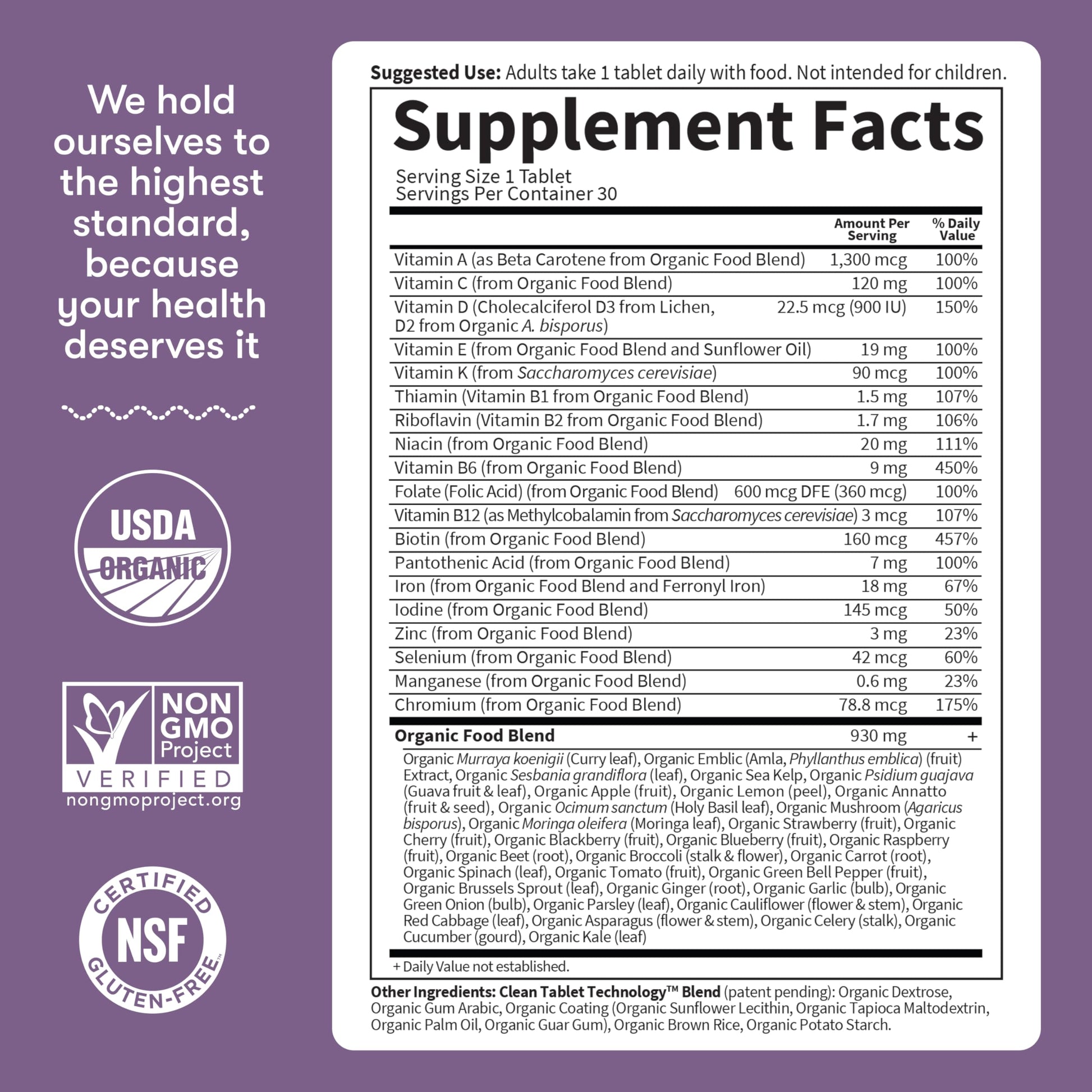Garden of Life prenatal multivitamin nutritional facts panel