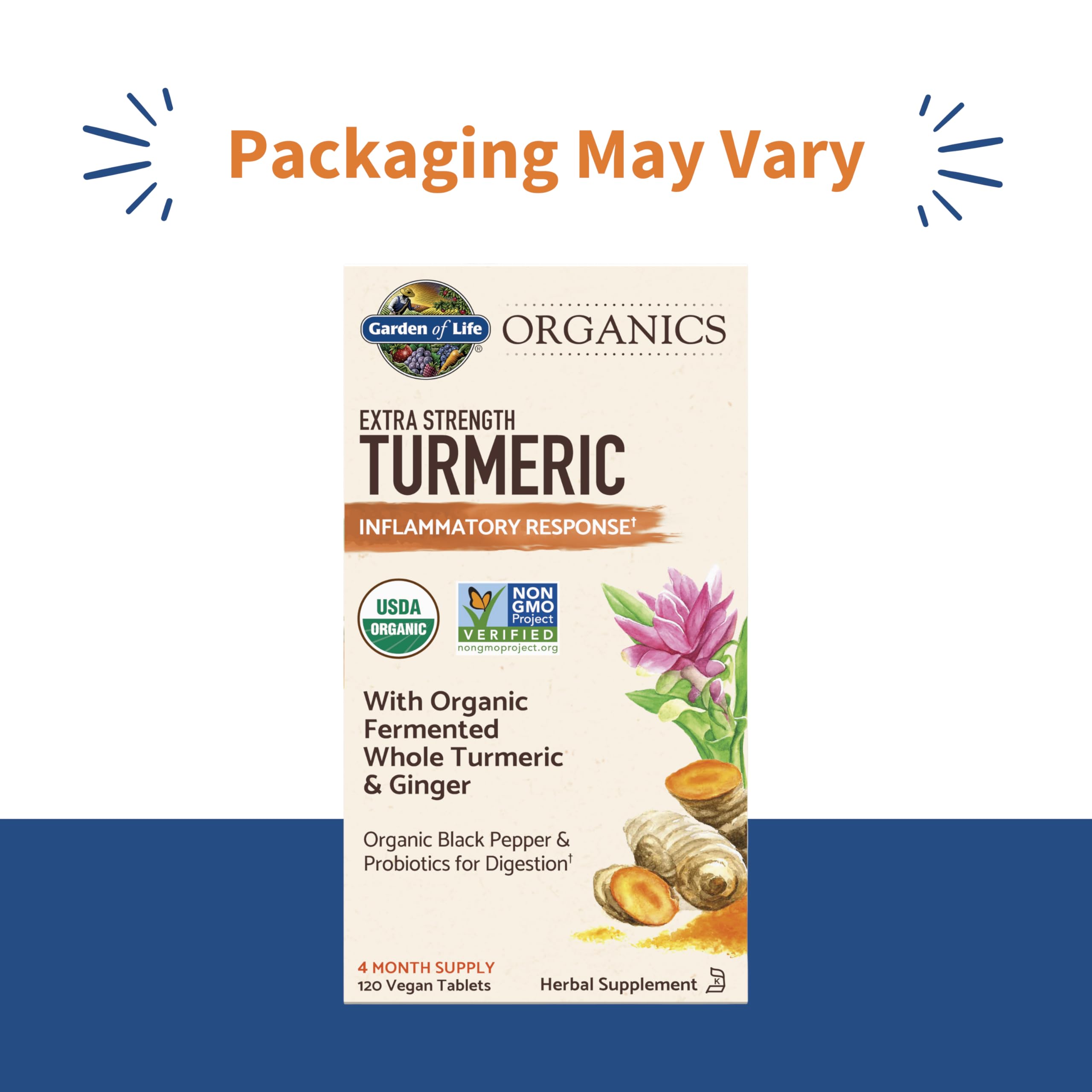 Garden of Life mykind Organics Extra Strength Turmeric supplement facts and organic ingredients label.