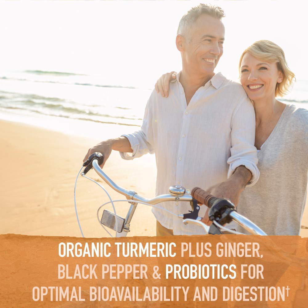 Side angle of authentic Garden of Life extra strength turmeric 100mg curcumin imported bottle.