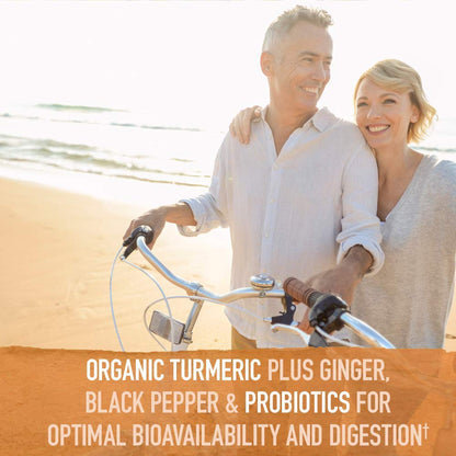 Side angle of authentic Garden of Life extra strength turmeric 100mg curcumin imported bottle.
