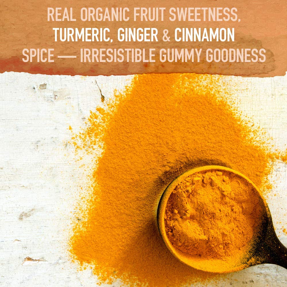 Real fruit turmeric chews by Garden of Life highlighting USDA Organic and Vegan certifications
