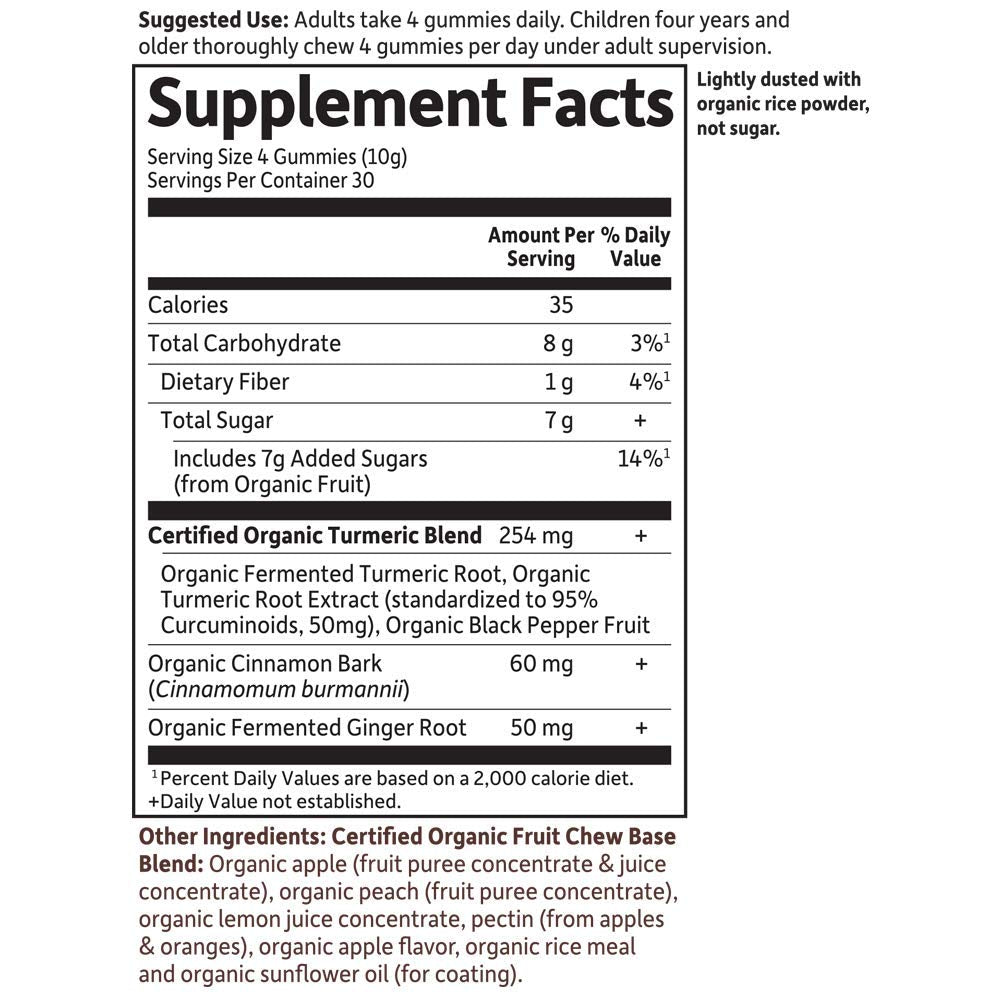 Close up of the real fruit gummy drops from the Garden of Life turmeric 120 count package