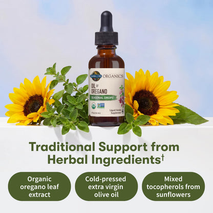 Side view of Garden of Life mykind organics oregano leaf extract liquid bottle