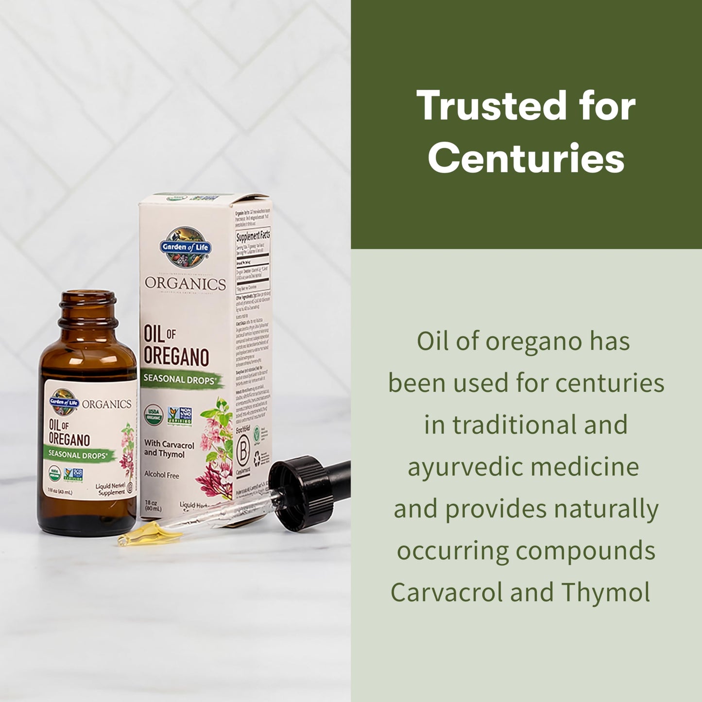 Supplement facts panel on Garden of Life oregano oil one fluid ounce bottle