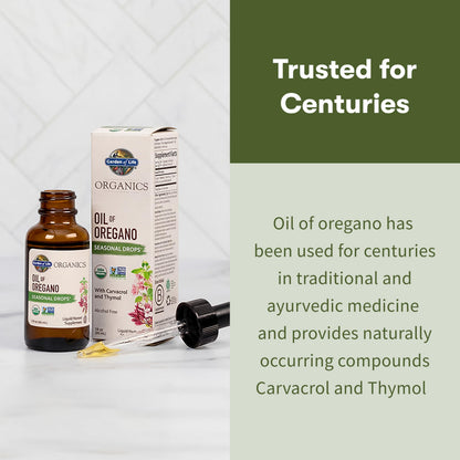 Supplement facts panel on Garden of Life oregano oil one fluid ounce bottle