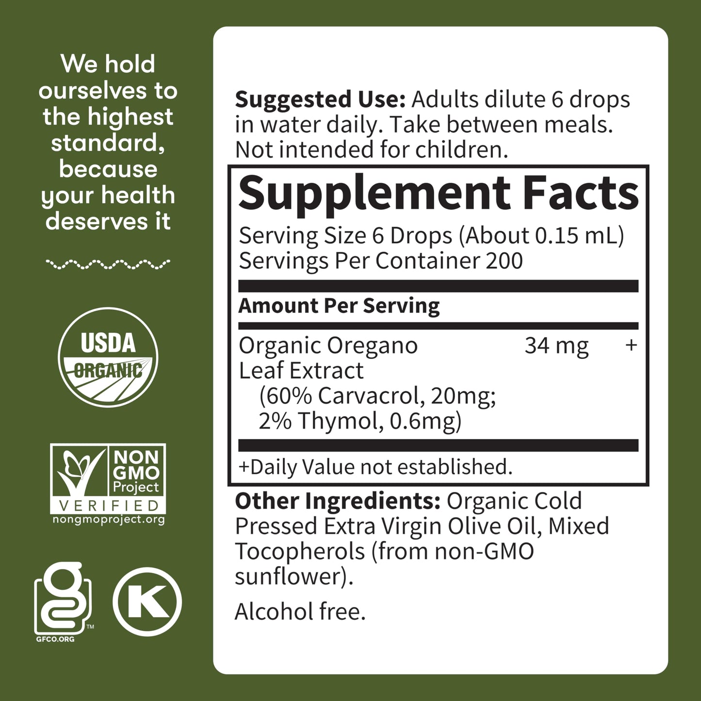 Garden of Life organic oregano drops showing non GMO and vegan certifications