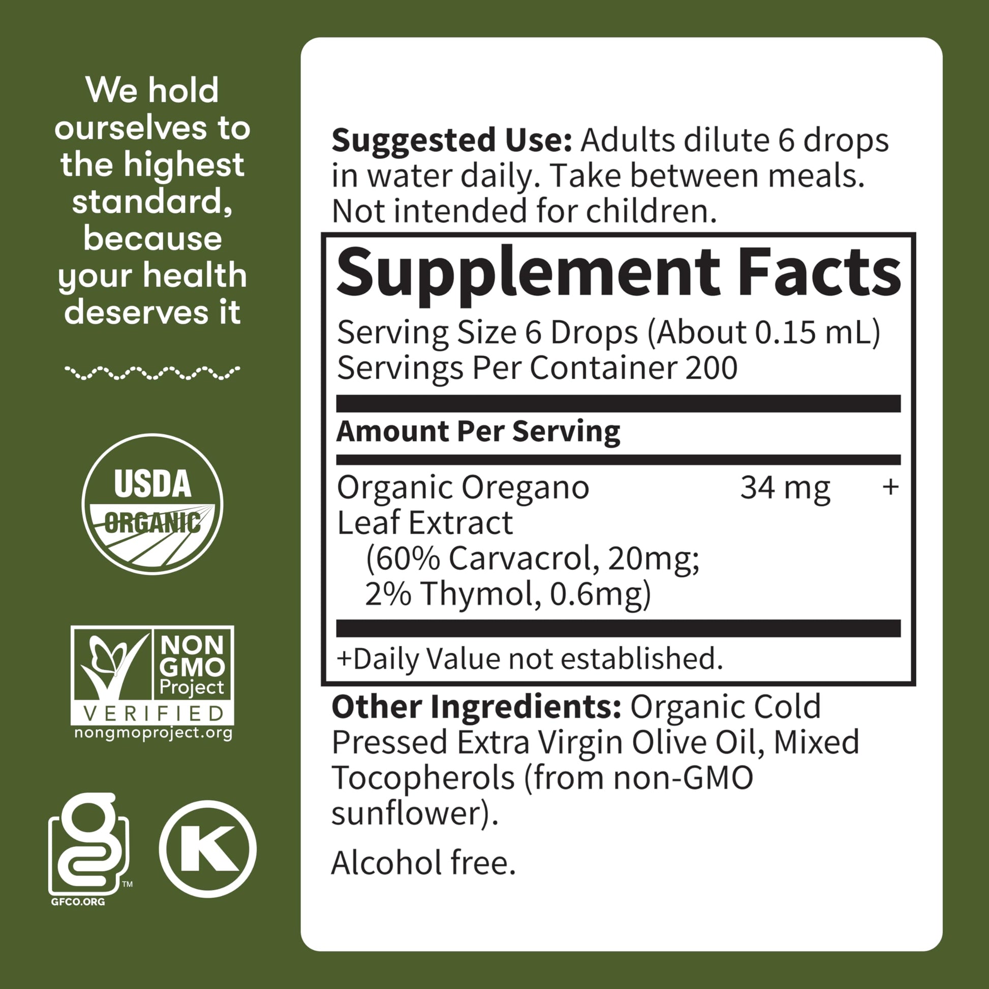 Garden of Life organic oregano drops showing non GMO and vegan certifications