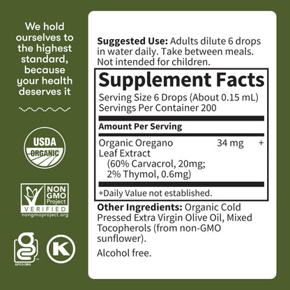 Garden of Life organic oregano drops showing non GMO and vegan certifications