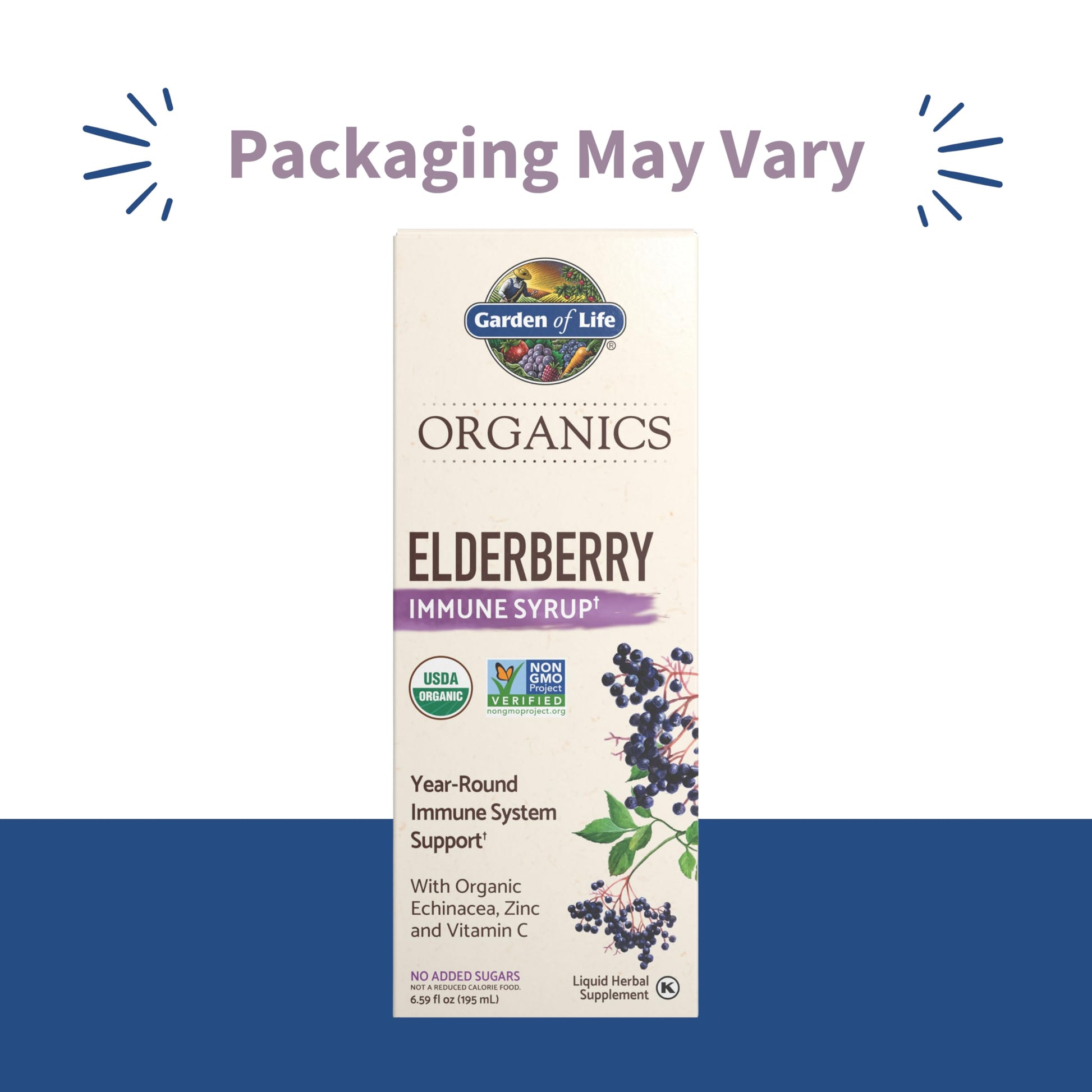 Side angle of Garden of Life plant based elderberry syrup liquid supplement packaging details.