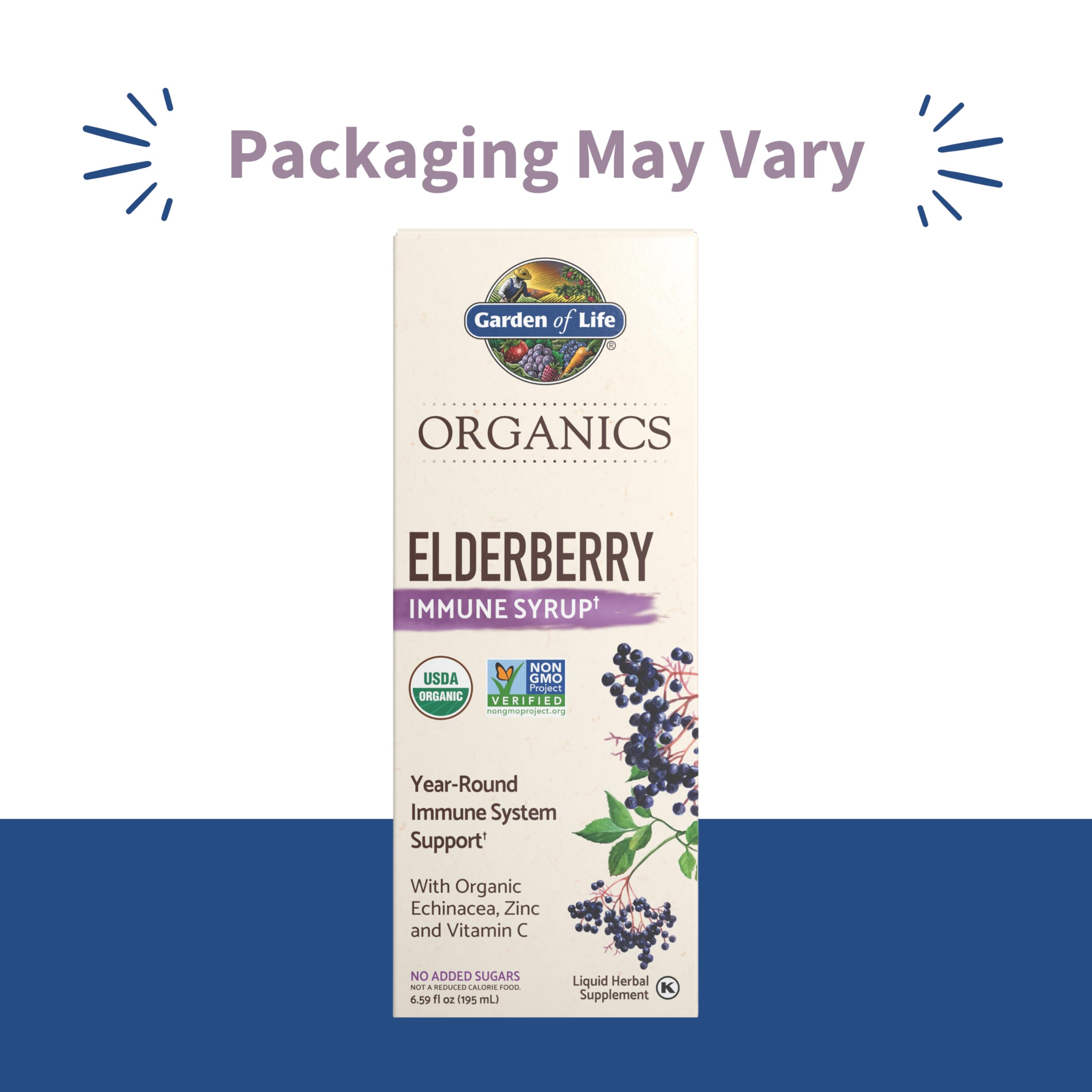 Side angle of Garden of Life plant based elderberry syrup liquid supplement packaging details.