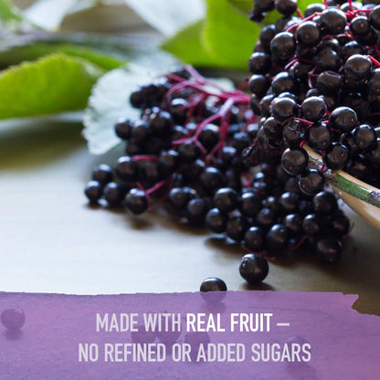 Close up of the non GMO and vegan certifications on Garden of Life elderberry liquid.