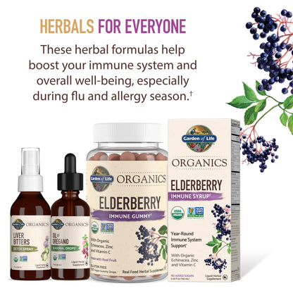 Full commercial packaging display of Garden of Life 6.59 fluid ounce elderberry immune syrup.