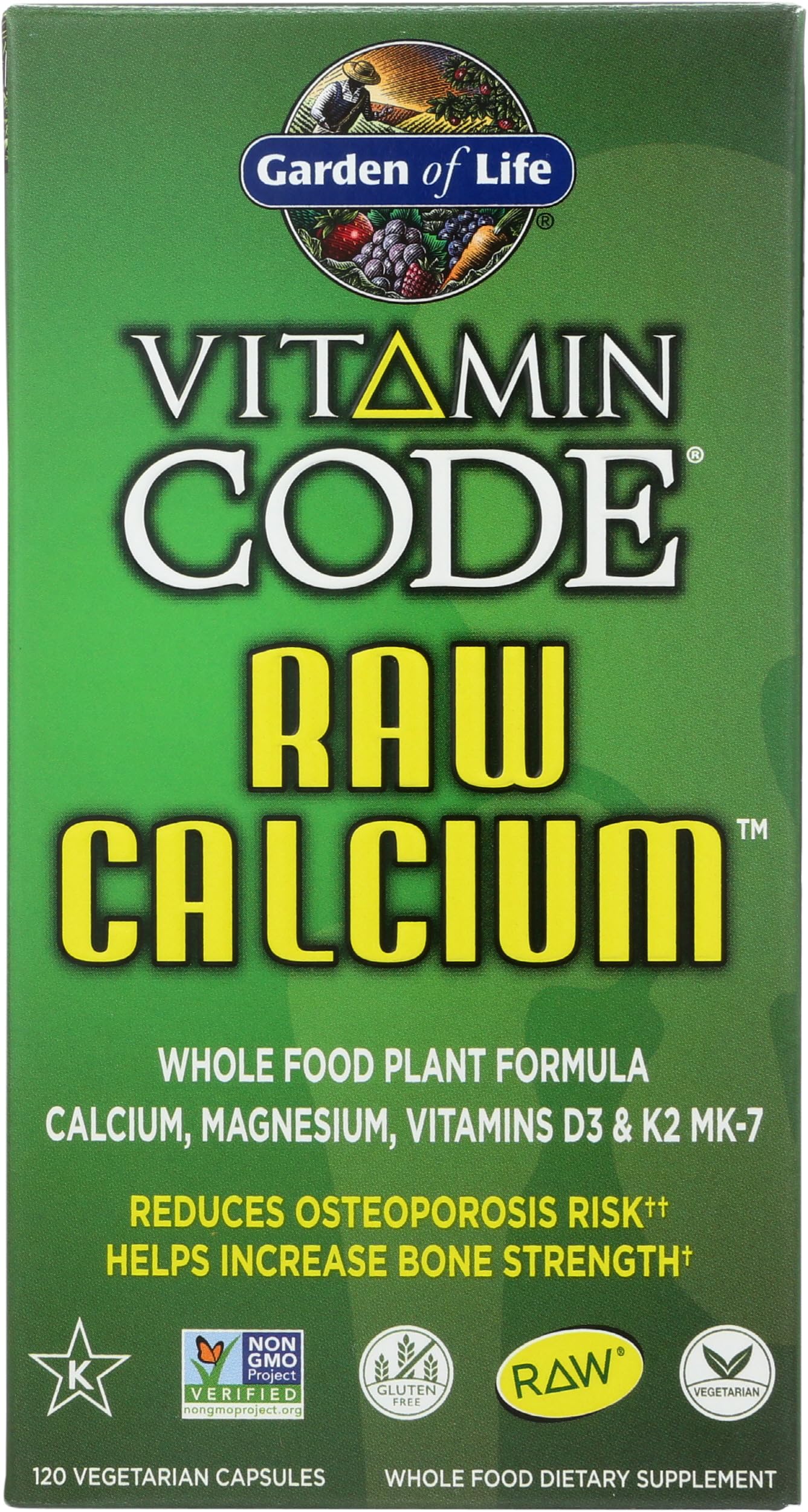 Vitamin Code Raw Calcium vegetarian capsules container showing certified non GMO and gluten free logos