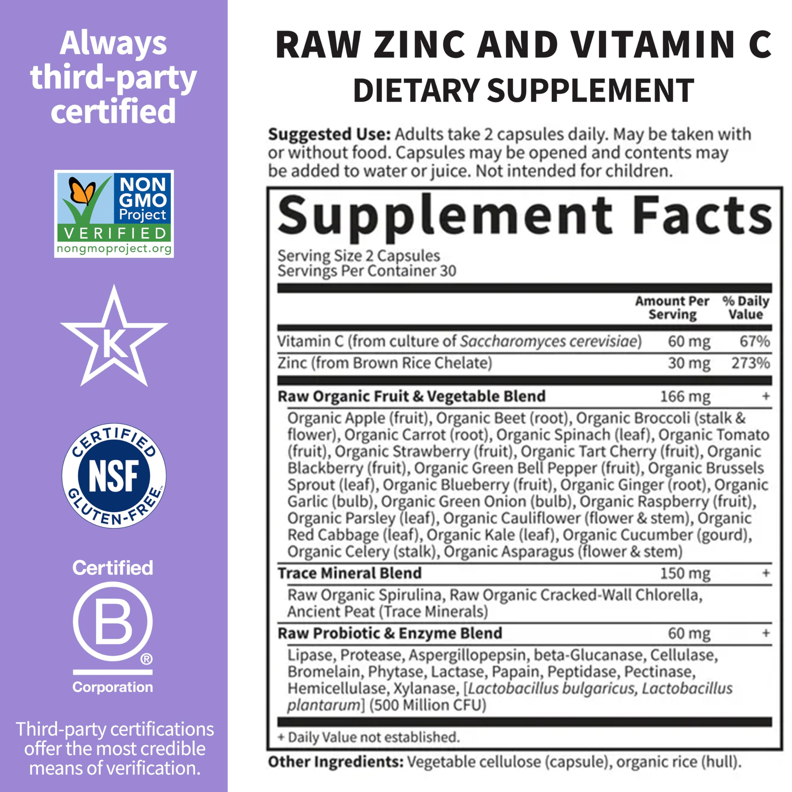 USA imported Garden of Life Vitamin Code Zinc capsules side panel