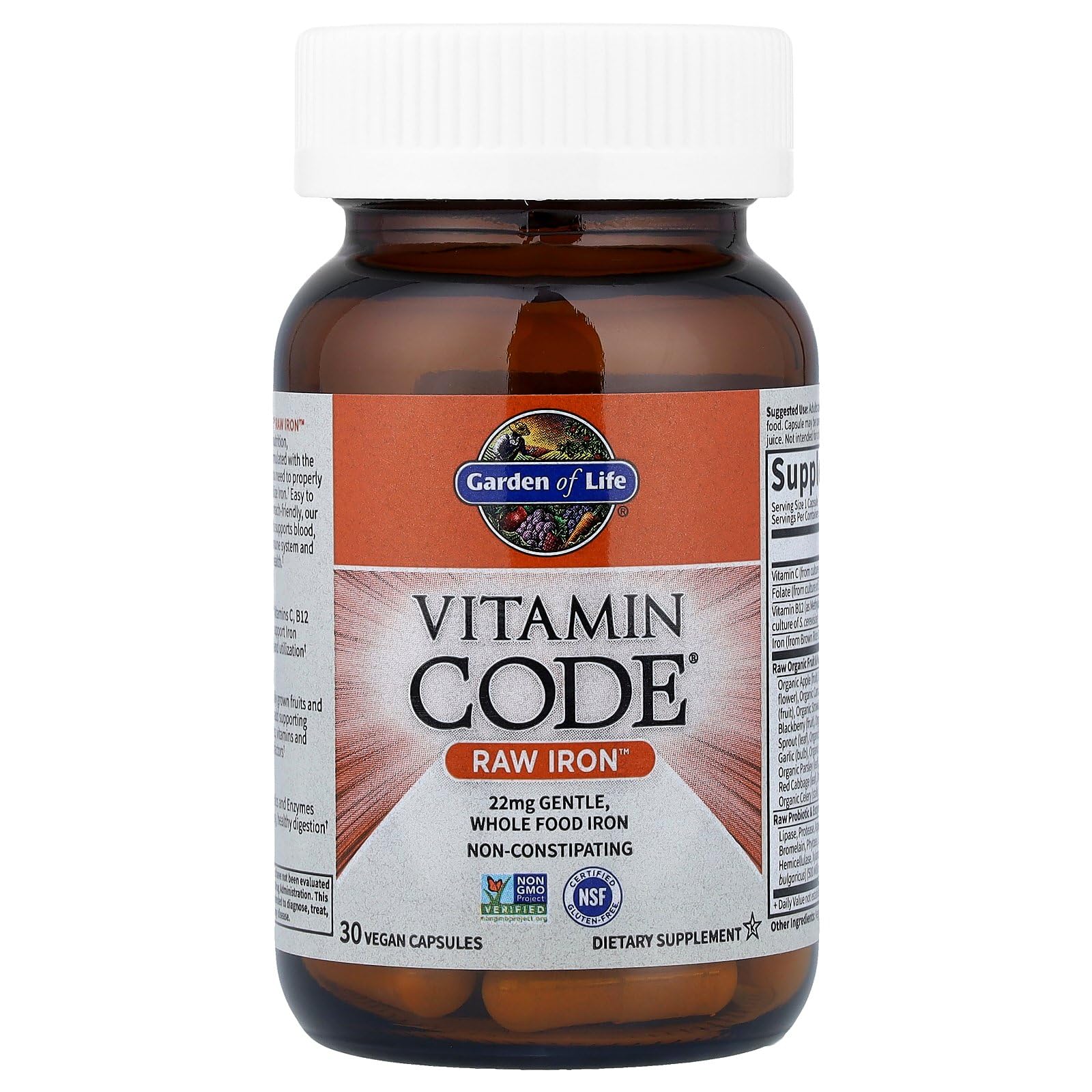 Side view of non-constipating raw vegan iron capsule bottle showing certifications logos