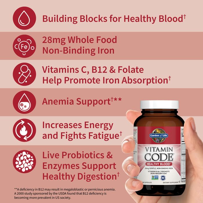 Garden of Life Healthy Blood 60 vegan capsules packaging showing non-binding iron details