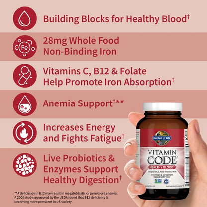 Garden of Life Healthy Blood 60 vegan capsules packaging showing non-binding iron details