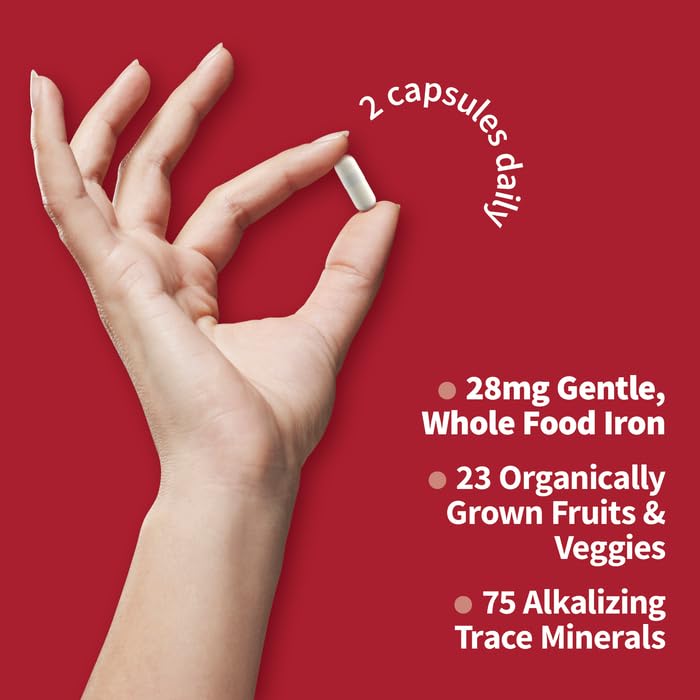 Side view of Garden of Life Vitamin Code Iron supplement bottle listing organic fruit and vegetable ingredients