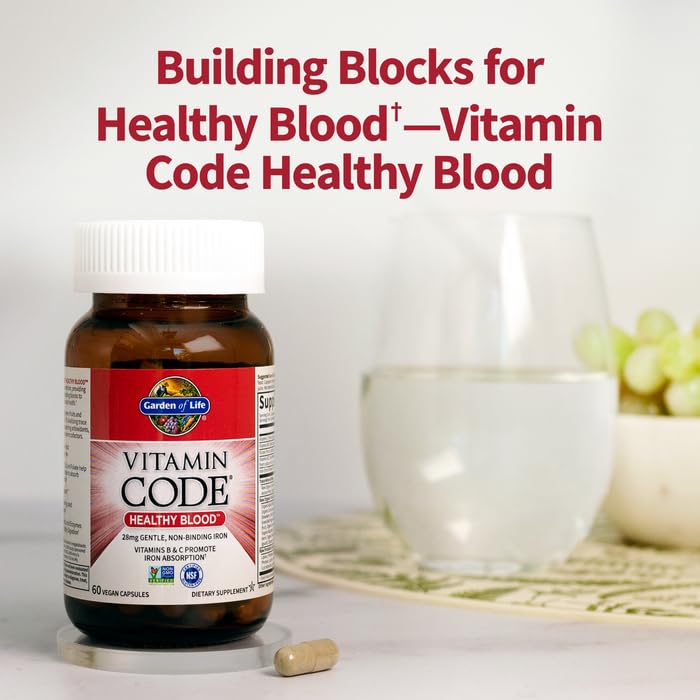 Garden of Life Vitamin Code Healthy Blood dietary supplement bottle highlighting non-GMO and certified vegan seals