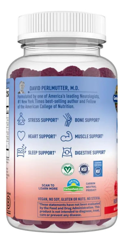 Close up of sugar free vegan magnesium gummies with prebiotics and probiotics for daily relaxation.
