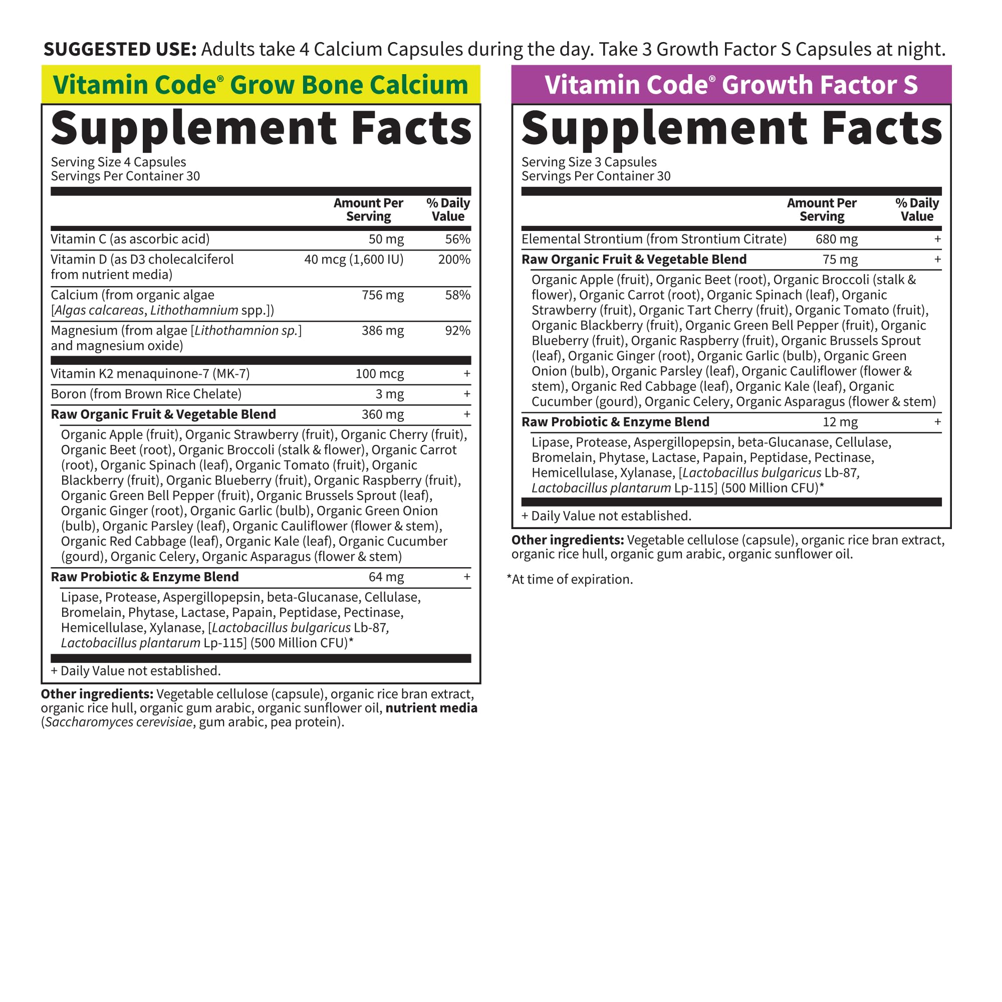 Vitamin Code Grow Bone Calcium and Growth Factor S supplement dual pack for thirty day supply