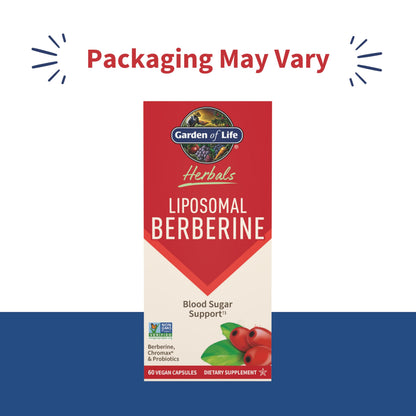 Garden of Life Herbals Liposomal Berberine sixty vegan capsules side label showing ingredient facts and supplement panel.