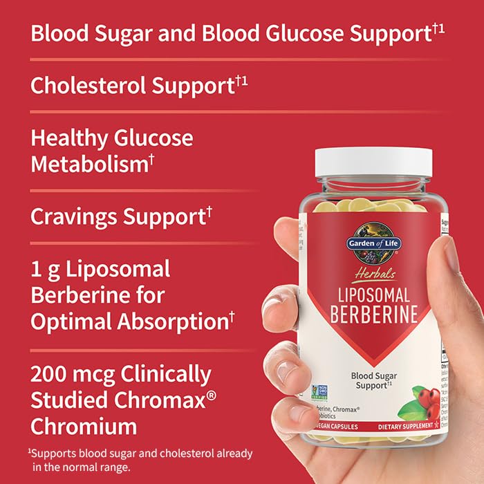 Garden of Life Liposomal Berberine capsules showcasing the non GMO sunflower lecithin matrix for enhanced absorption.