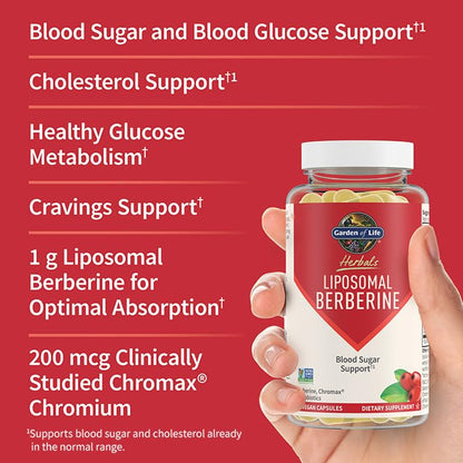 Garden of Life Liposomal Berberine capsules showcasing the non GMO sunflower lecithin matrix for enhanced absorption.