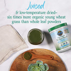 Back label of Garden of Life organic wheatgrass juice supplement showing nutrition facts