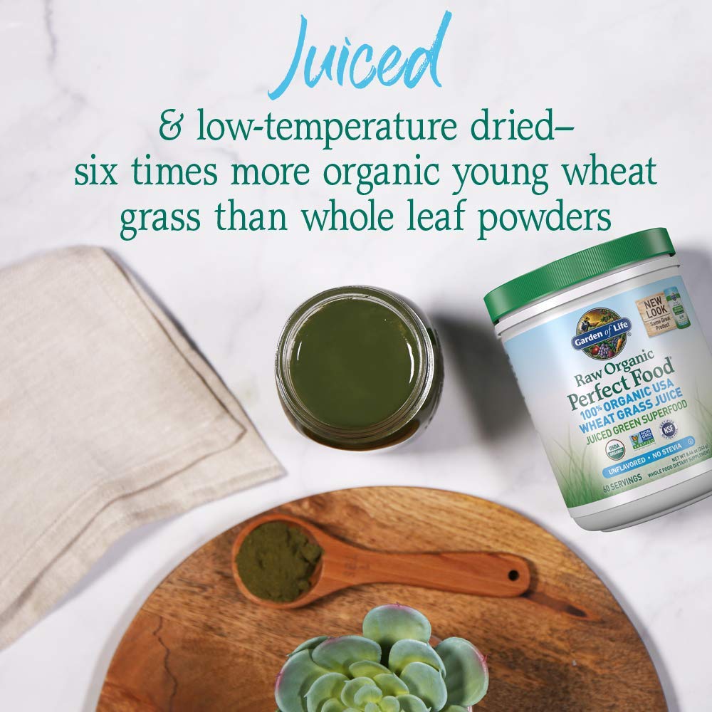 Back label of Garden of Life organic wheatgrass juice supplement showing nutrition facts