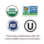 Close up of the non GMO and USDA organic seals on the green superfood packaging