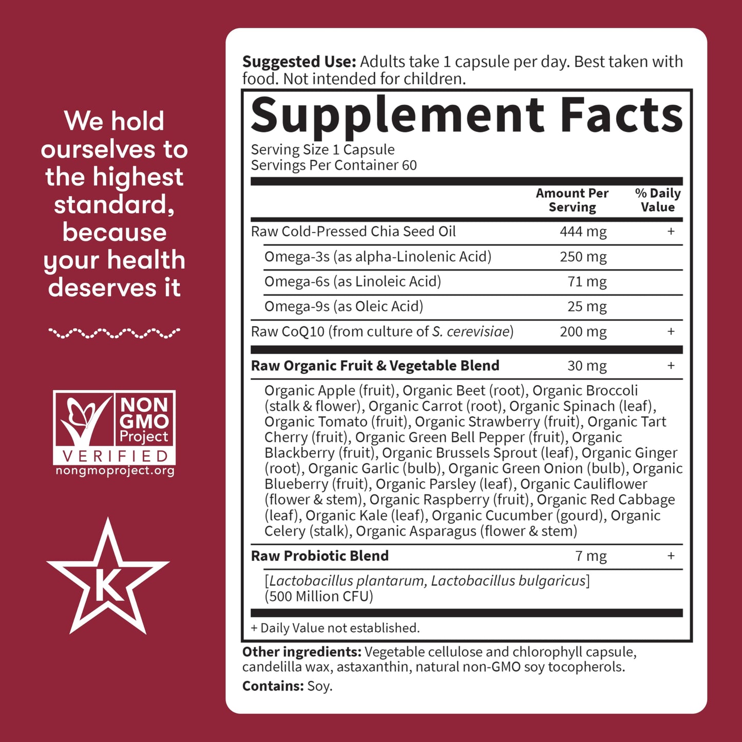 Garden of Life organic fruit and vegetable blend dietary supplement ingredients list on white background
