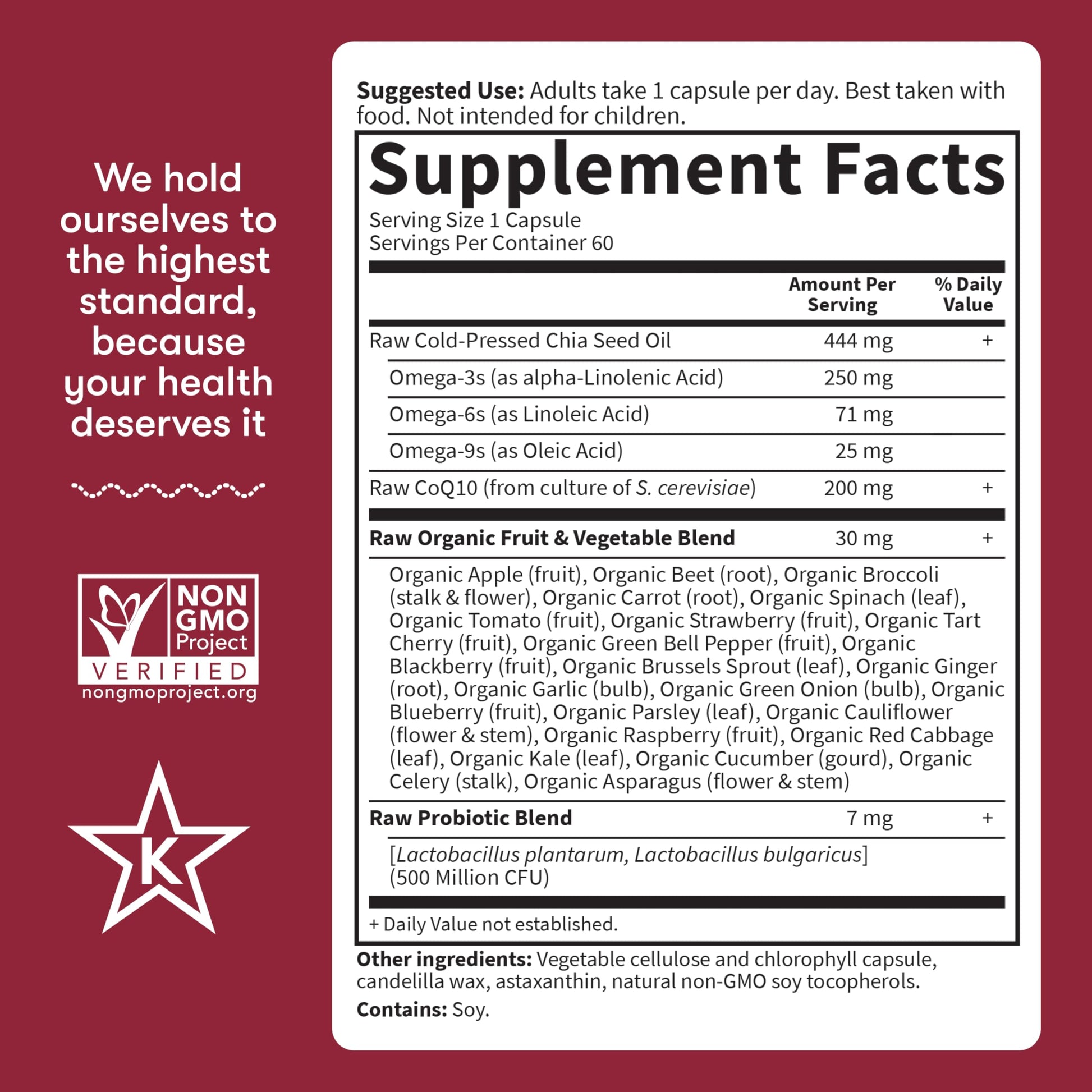 Garden of Life organic fruit and vegetable blend dietary supplement ingredients list on white background