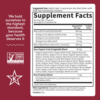Garden of Life organic fruit and vegetable blend dietary supplement ingredients list on white background