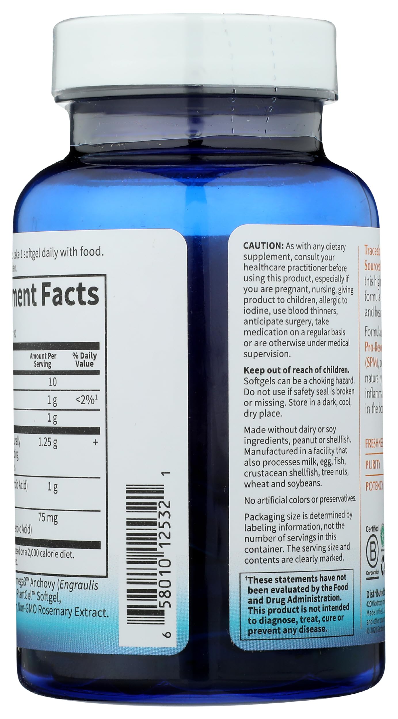 Nutritional facts panel and detailed ingredient listing of Garden of Life DHA softgels