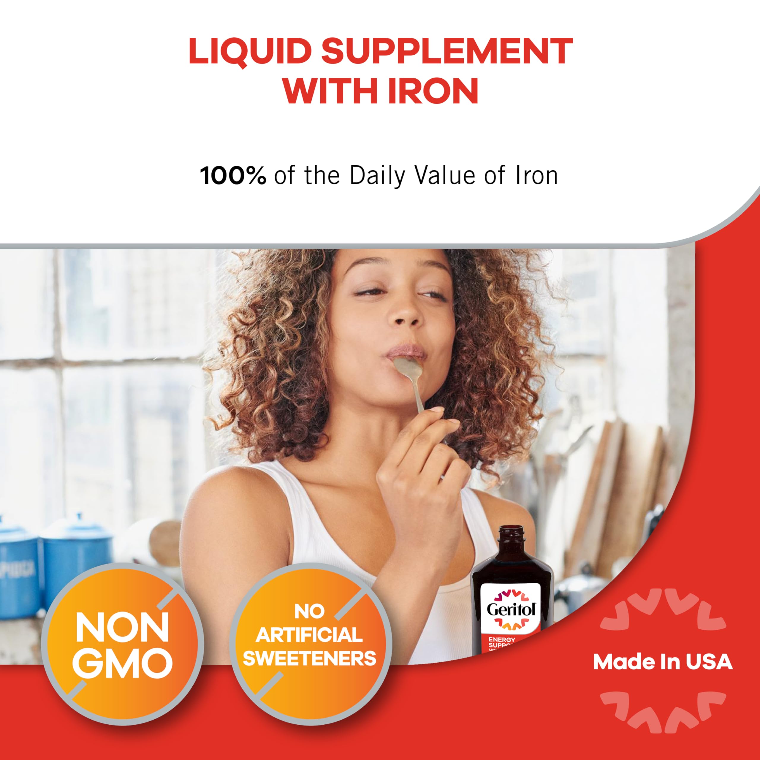 Geritol non GMO liquid energy tonic bottle showing product warnings