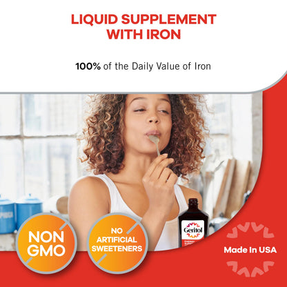 Geritol non GMO liquid energy tonic bottle showing product warnings