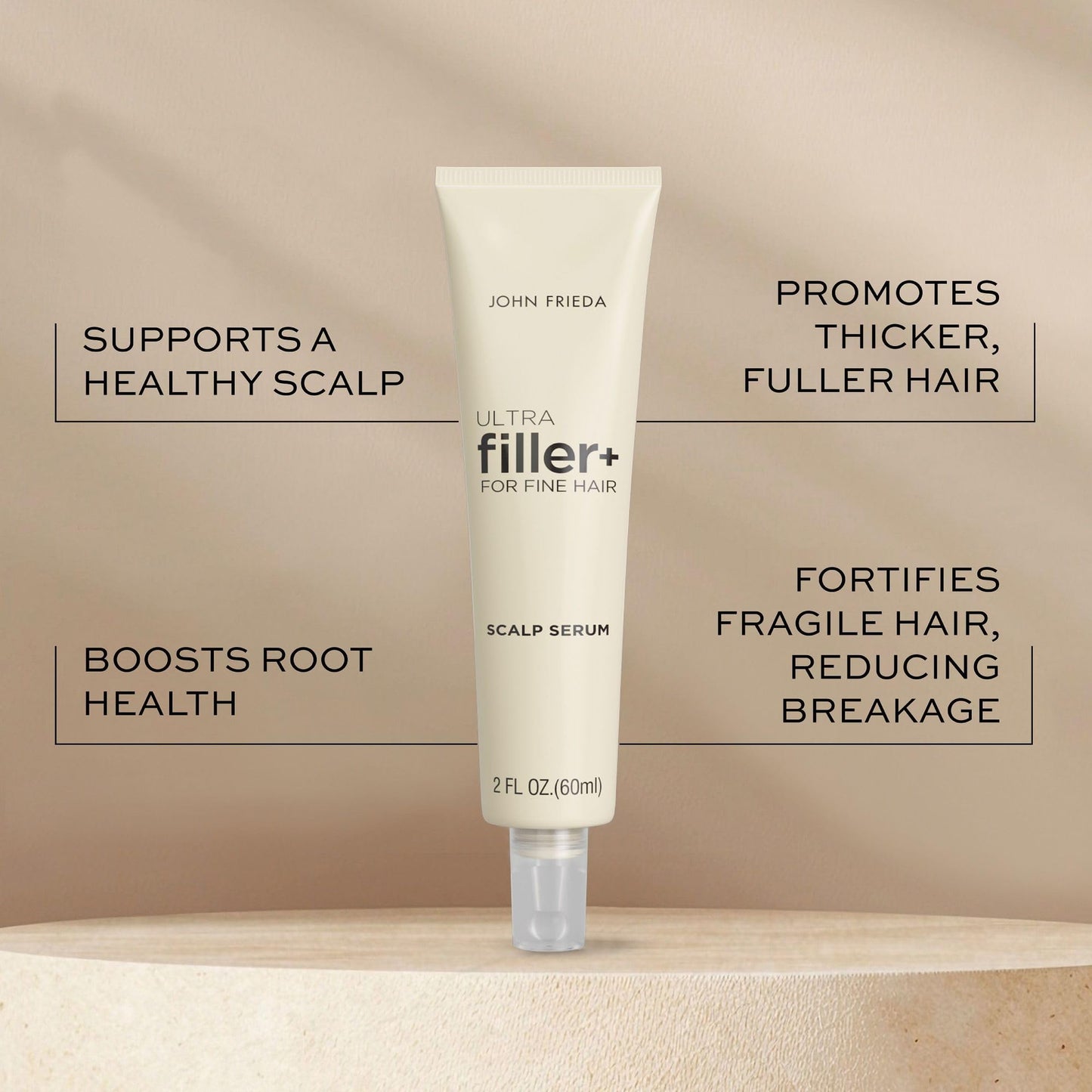 John Frieda thickening scalp serum packaging highlighting biotin peptides and caffeine ingredients