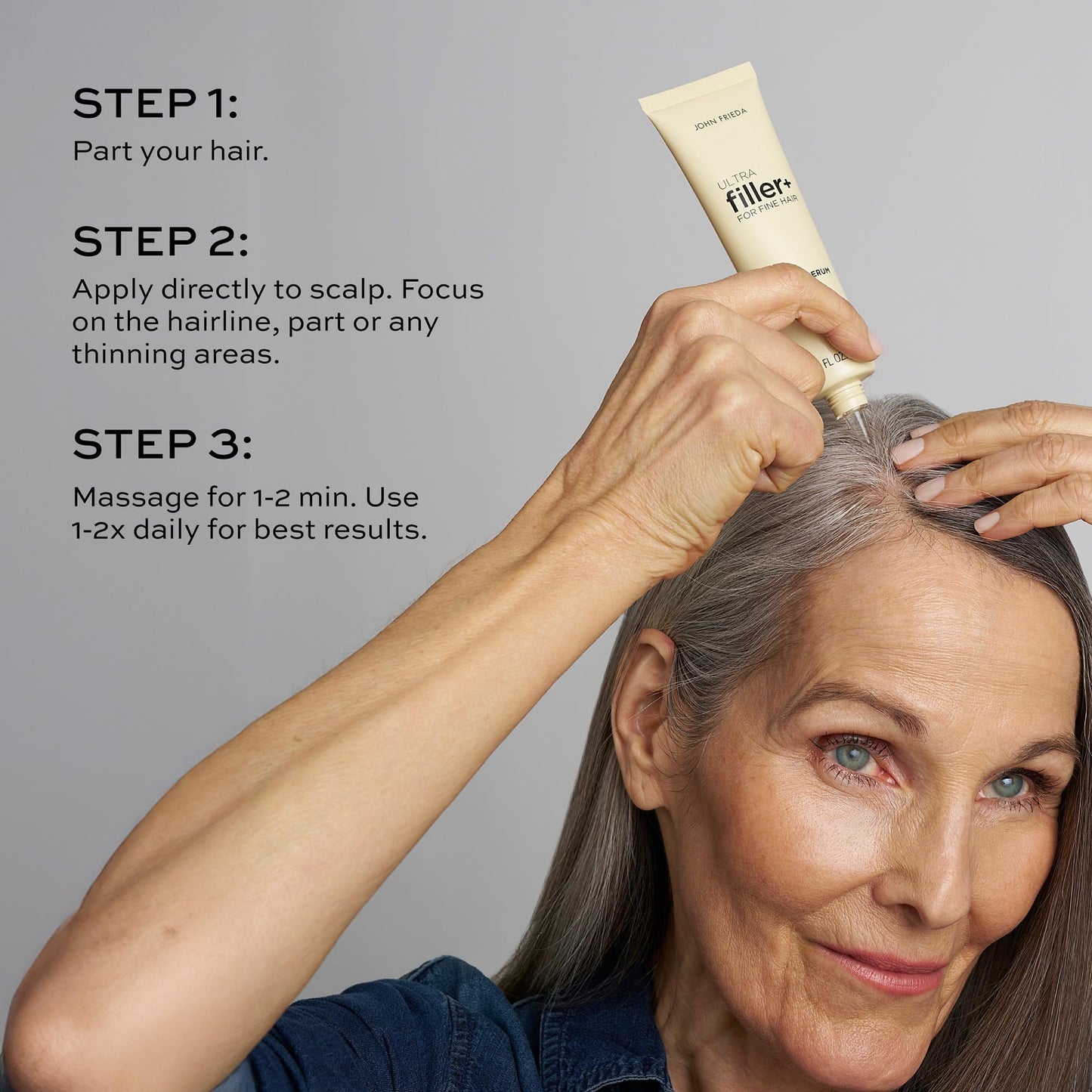 Side view of John Frieda fine hair thickening serum container detailing the lightweight formula