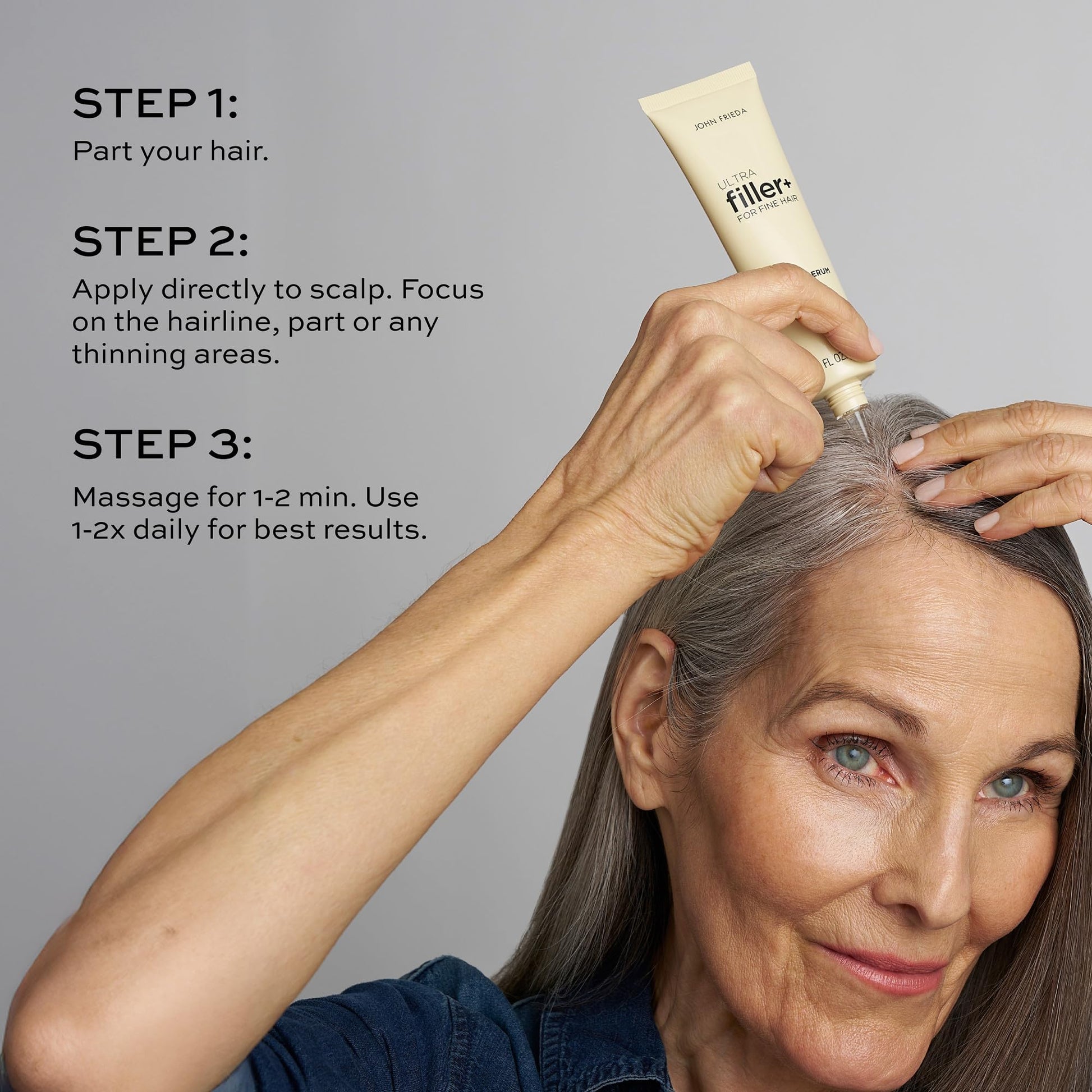 Side view of John Frieda fine hair thickening serum container detailing the lightweight formula