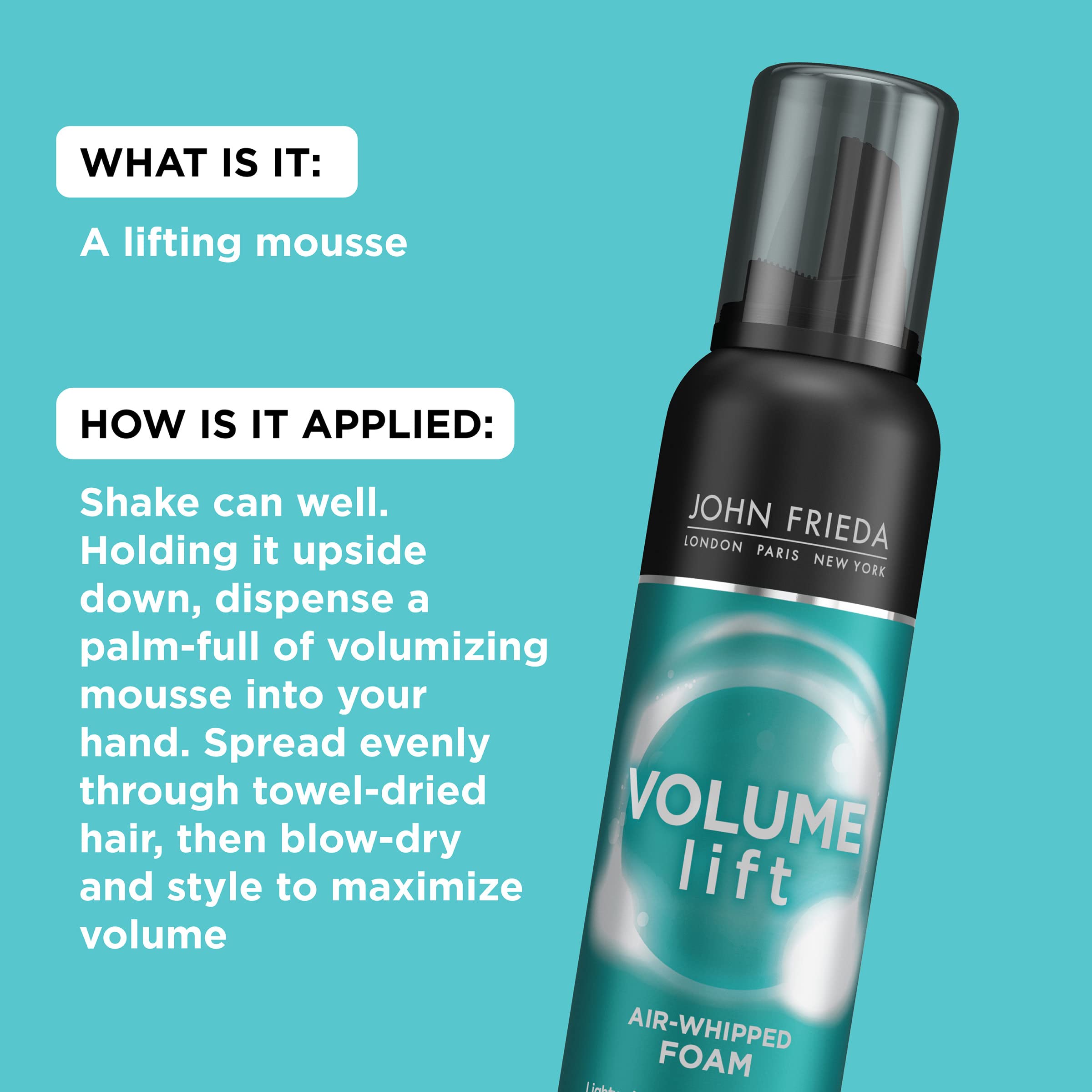 USA imported John Frieda Luxurious Volume hair product packaging.