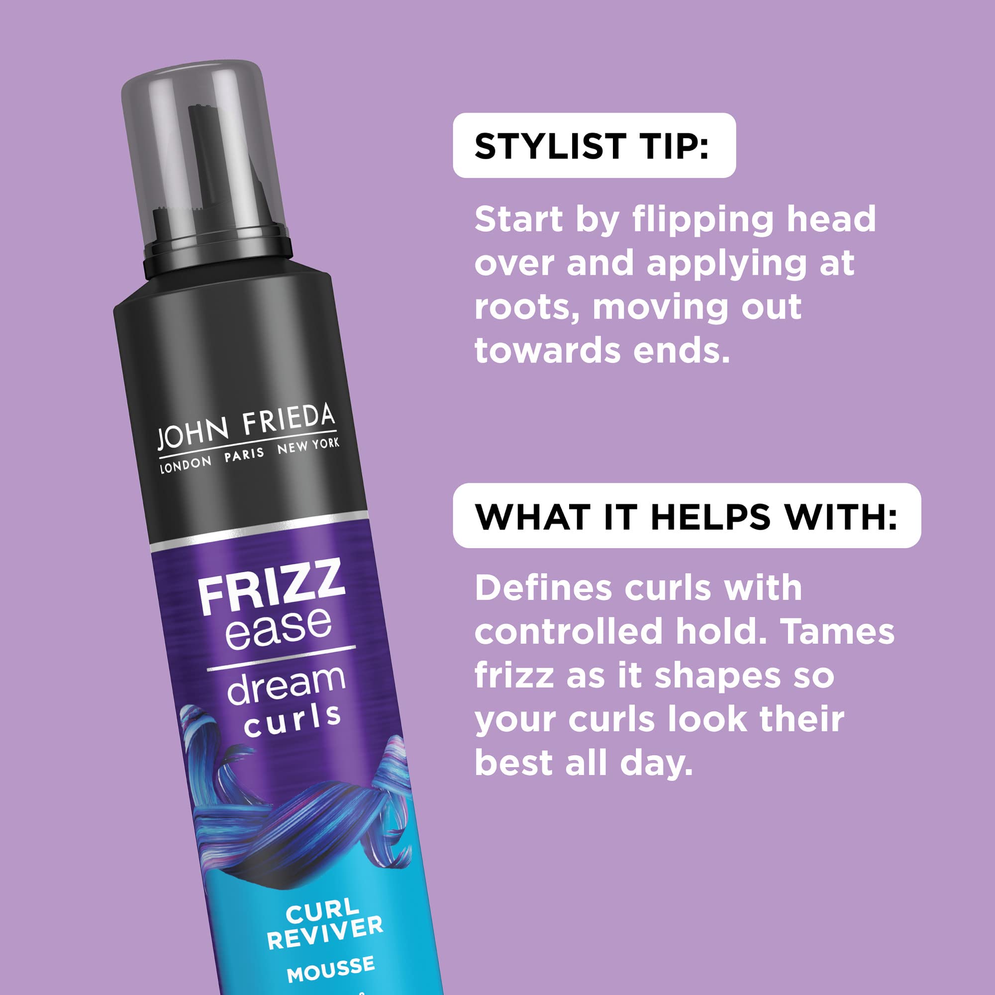 Back label of John Frieda alcohol free curl reviver mousse displaying product details.