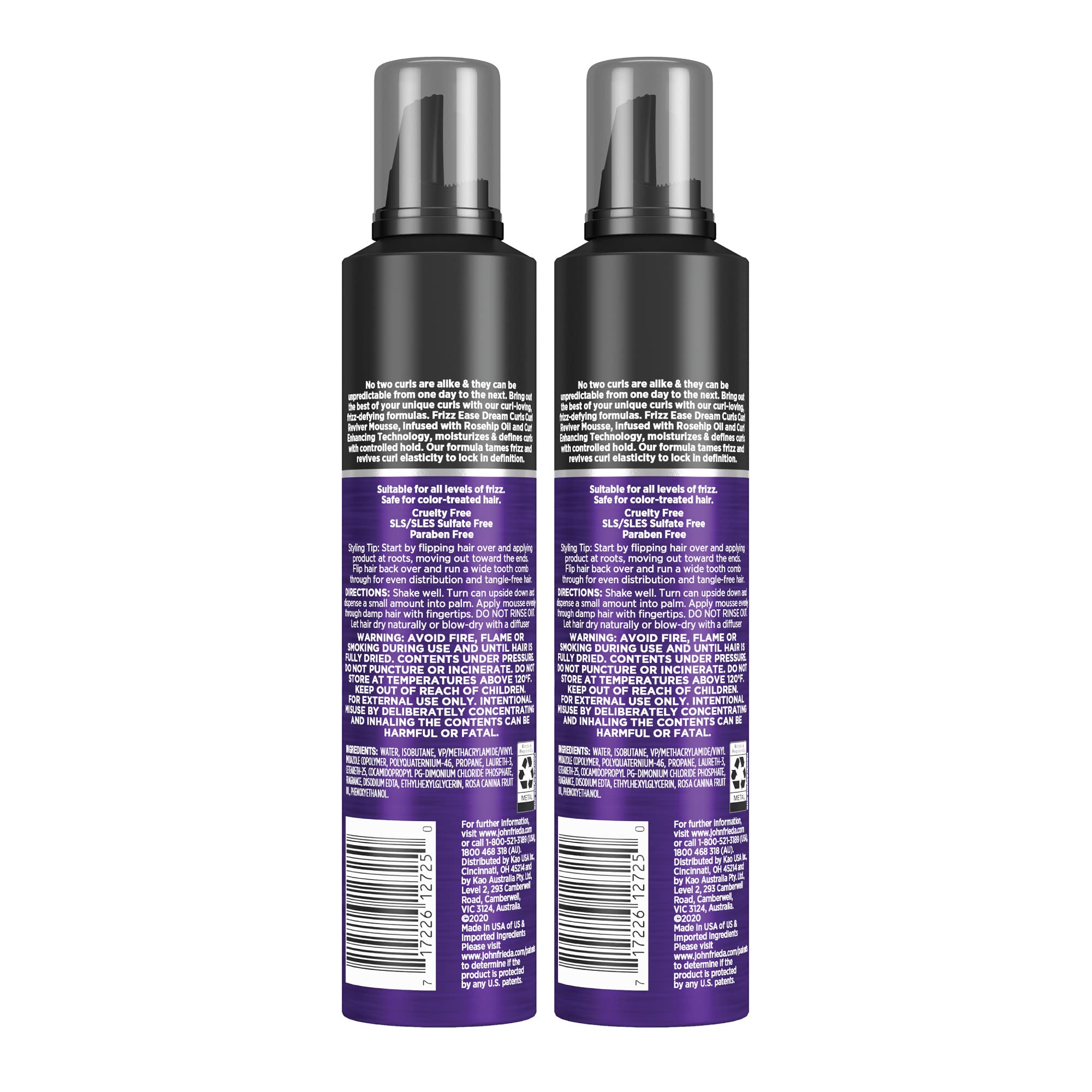 Imported John Frieda Frizz Ease curl defining mousse pack of two for humidity protection.