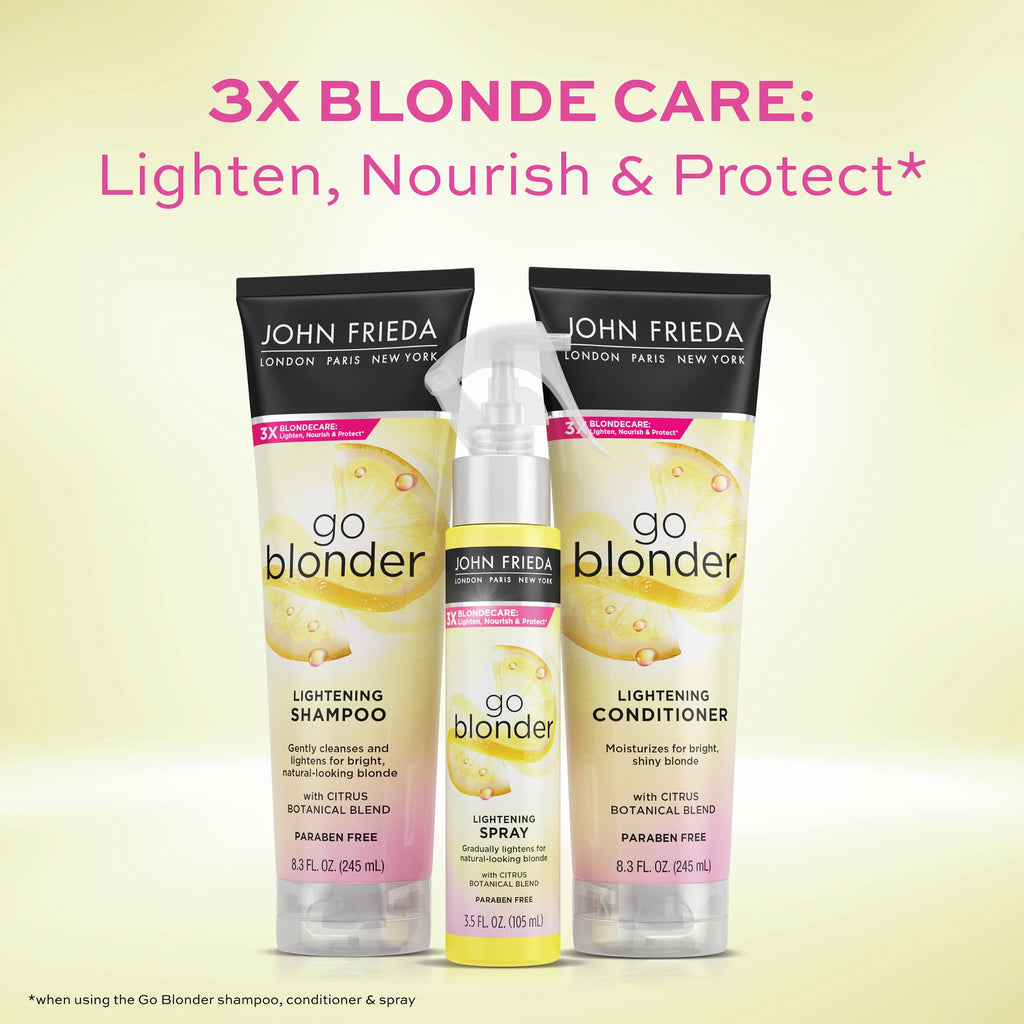 John Frieda Sheer Blonde color correcting spray bottle placed against a clean salon inspired backdrop