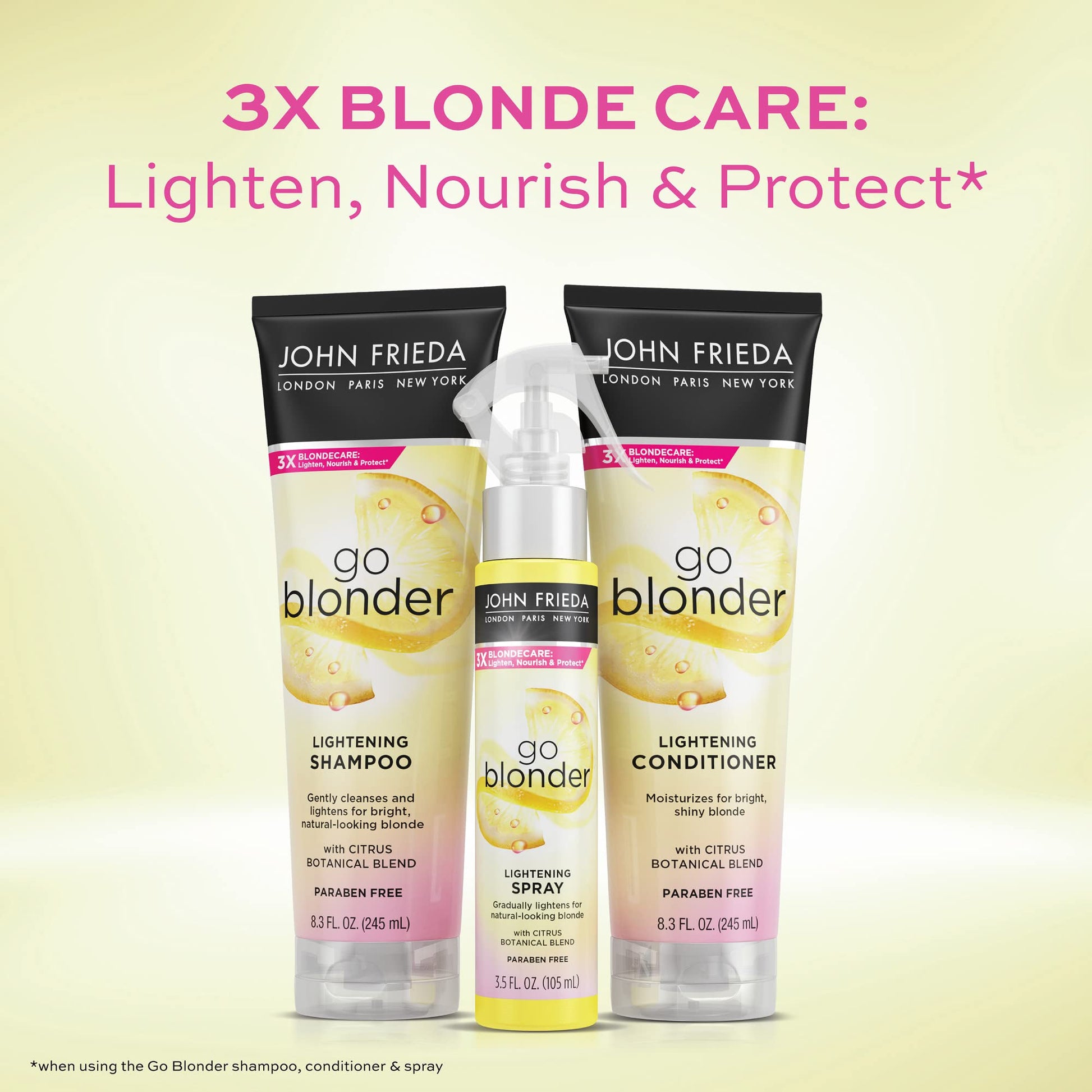John Frieda Sheer Blonde color correcting spray bottle placed against a clean salon inspired backdrop
