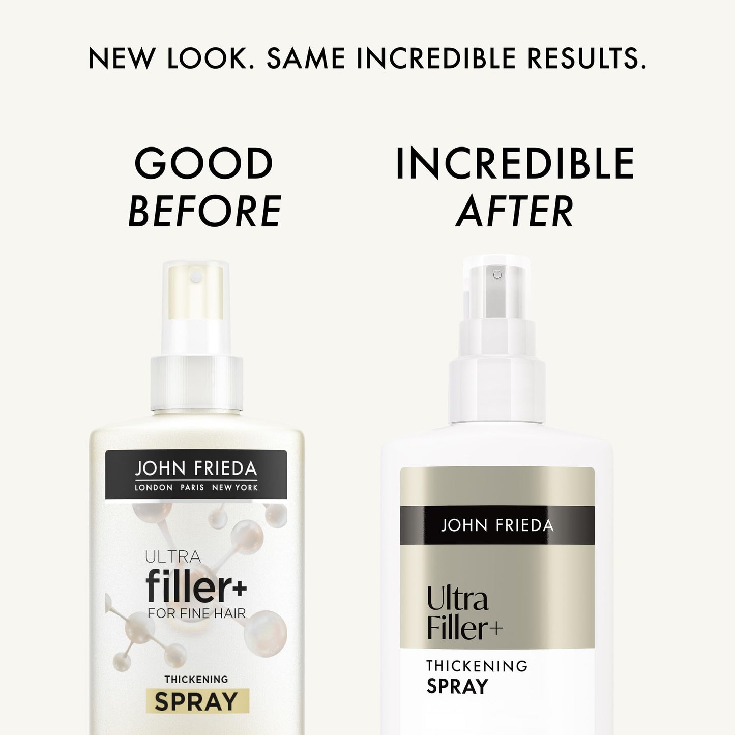 John Frieda hair volumizing spray showing biotin and hyaluronic acid ingredient text.