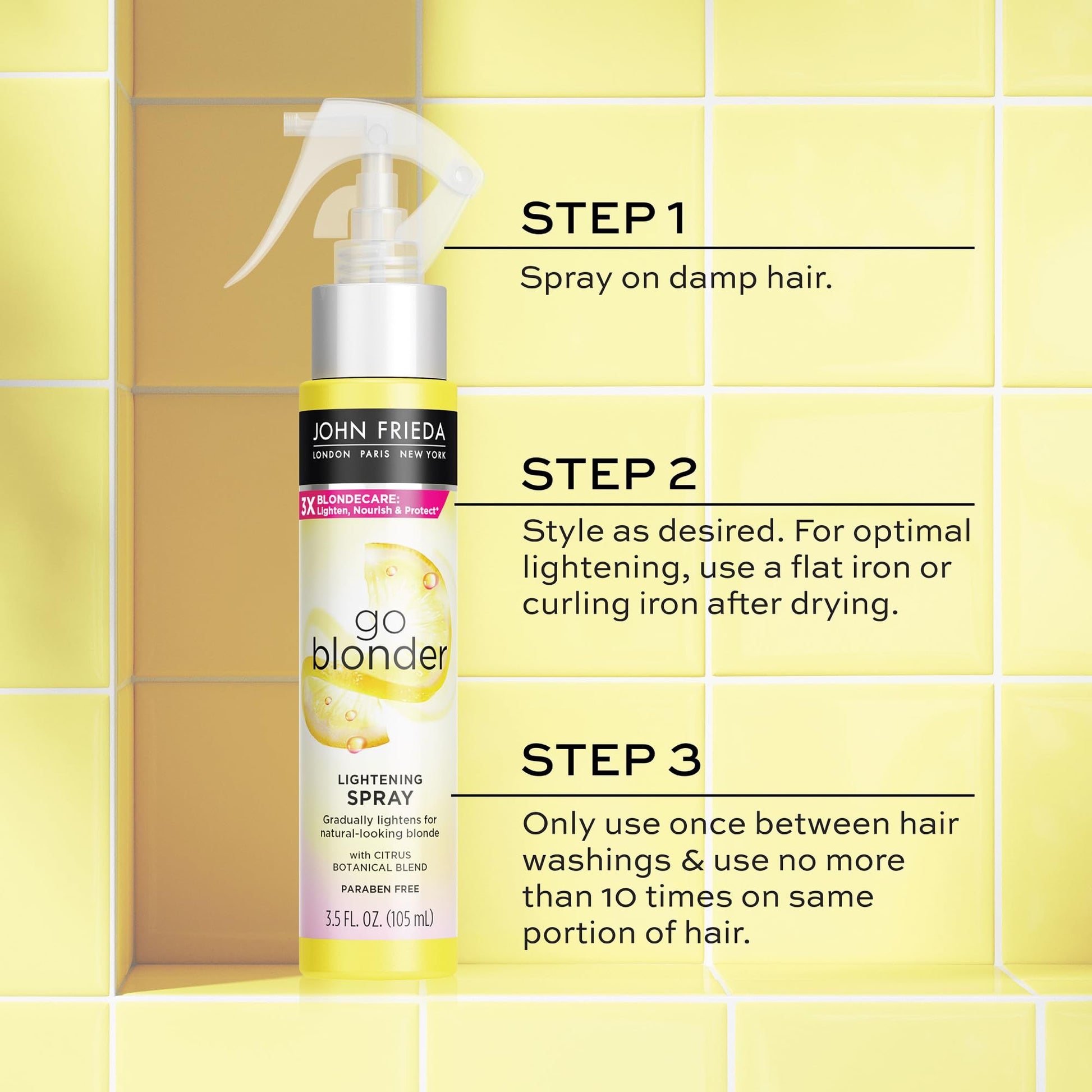 Full commercial display of the authentic John Frieda imported professional hair lightening spray bottle